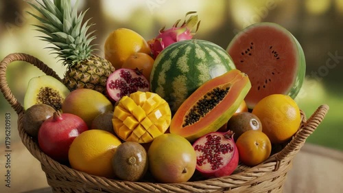 Assortment of fresh fruits in woven basket for healthy eating and nutrition