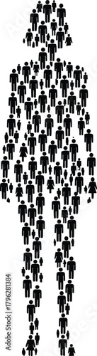 Human figure made of people icons, silhouette composition, unity concept, collective identity, black and white art, community symbol, diversity, social cohesion