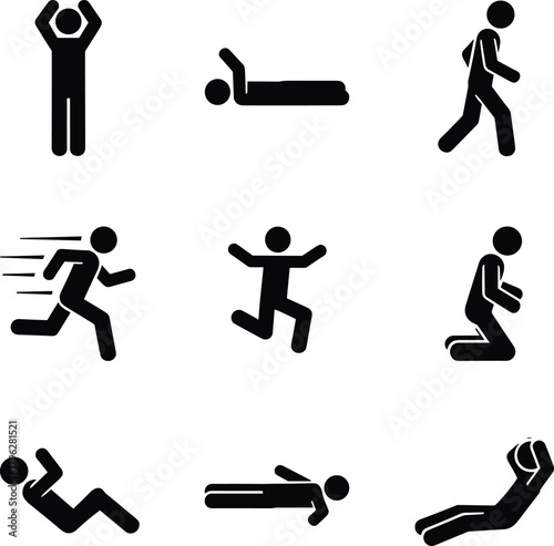 Human movement icons, people running, walking, jumping, kneeling, lying down, body motion, activity silhouette, physical posture vector illustration set