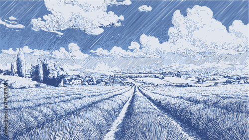 Rural landscape sketch, hand drawn fields with distant village, dramatic sky — stock vector