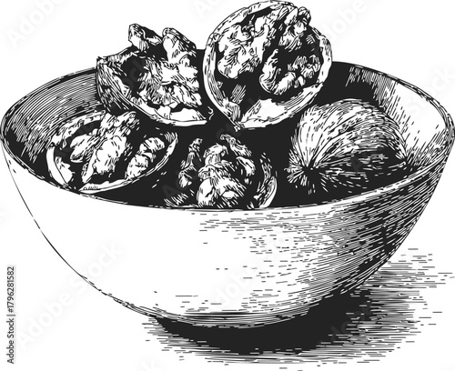Walnuts hand drawn sketch in bowl, detailed line art food illustration — stock vector