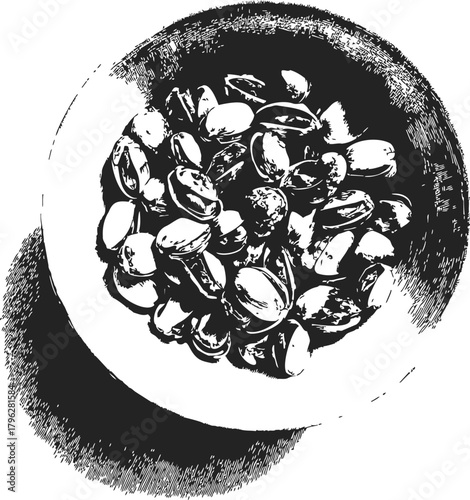 Pistachios in bowl, sketch hand drawn style, detailed top view with textured shading — stock vector
