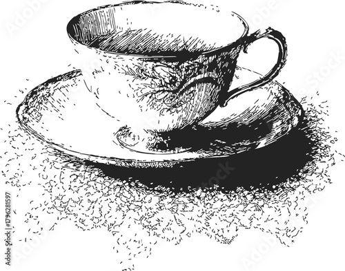 Teacup and saucer, hand drawn sketch line art, vintage porcelain with handle — stock vector