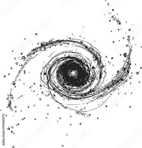 Black hole sketch hand drawn spiral with swirling accretion disk and scattered stars — stock vector