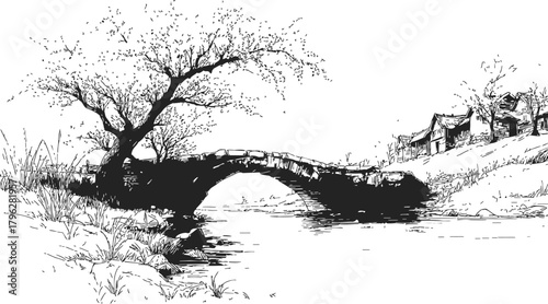 Stone bridge sketch, hand drawn arched bridge over river with tree and village — stock vector