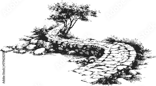 Stone path sketch, hand drawn winding walkway with tree and grass — stock vector