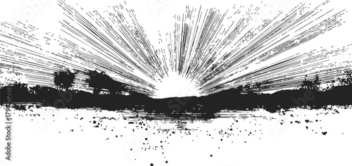 Sunrise silhouette sketch, hand drawn rays over landscape with trees and hills — stock vector