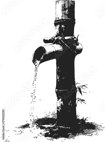 Bamboo water spout sketch, hand drawn style with flowing water — stock vector