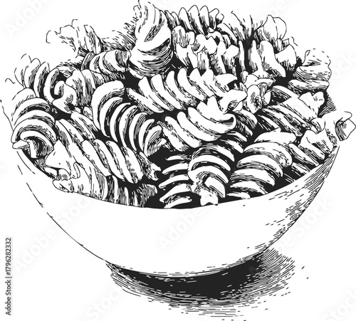 Fusilli pasta in bowl sketch, hand drawn line art food illustration — stock vector