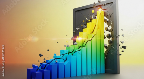 A vibrant 3d bar graph bursts through a dark frame, symbolizing growth and success against a gradient background, representing business and financial achievements