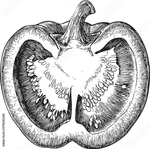 Bell pepper hand drawn sketch, cross section detailed seeds and texture — stock vector