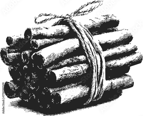 Bundle of firewood hand drawn sketch tied with rope — stock vector