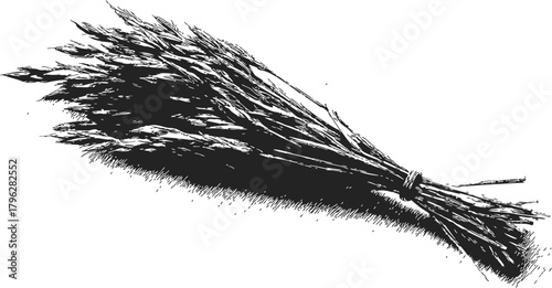 Broom hand drawn sketch, rustic tied twigs cleaning tool — stock vector