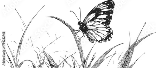 Butterfly sketch hand drawn on grass with detailed wings and natural scene — stock vector