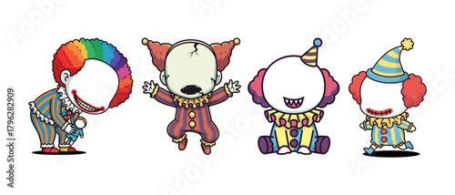 Four Faceless Cartoon Clowns – Surreal and Mysterious Vector Illustration for Halloween and Fantasy Design