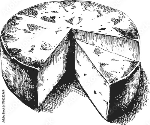 Cheese wheel hand drawn sketch with wedge cut out, detailed dairy food illustration — stock vector