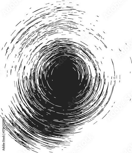 Black hole sketch hand drawn swirling abstract vortex with dynamic spiral lines — stock vector