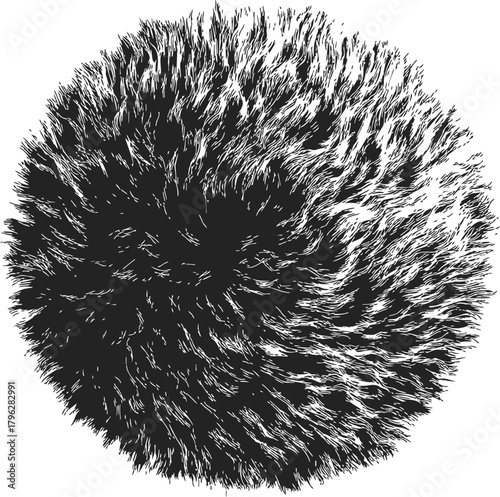 Black fur ball sketch, hand drawn round fluffy texture, detailed animal hair — stock vector
