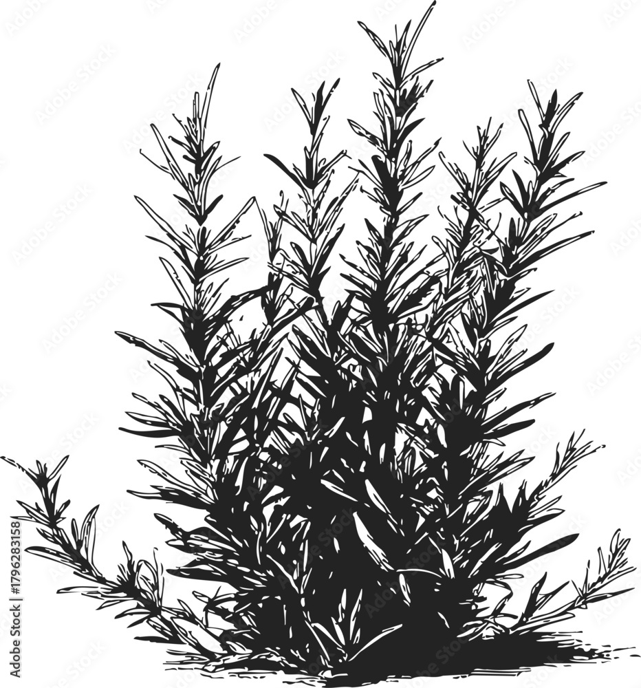 Obraz premium Rosemary bush sketch, hand drawn botanical herb with dense foliage — stock vector
