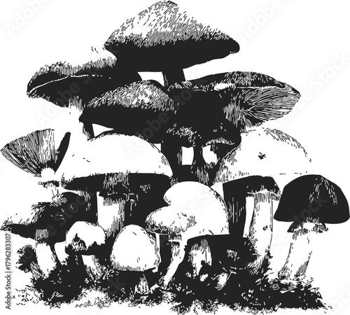 Mushrooms sketch hand drawn cluster with detailed caps and stems — stock vector