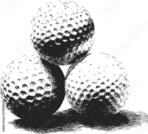 Golf balls sketch hand drawn three stacked with detailed dimples — stock vector