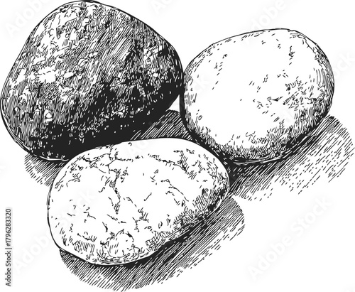 Stones sketch, hand drawn style, three textured rocks with shading — stock vector