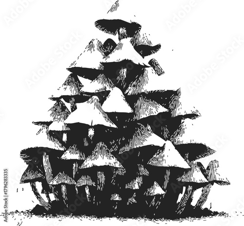 Mushroom cluster sketch, hand drawn style, dense group with textured caps — stock vector