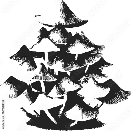 Shaggy ink cap mushrooms sketch, hand drawn cluster with detailed caps and stems — stock vector