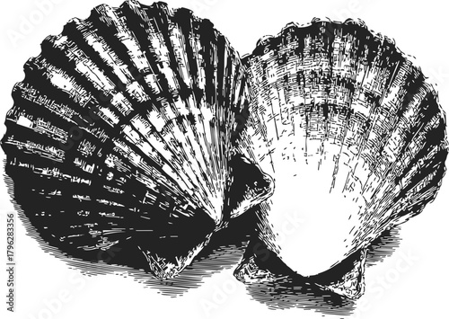 Scallop shells sketch, hand drawn style, detailed fan-shaped bivalve seashells — stock vector