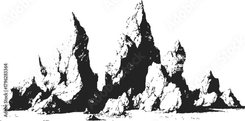 Rock formation sketch, hand drawn jagged peaks and rough textured mountain landscape — stock vector