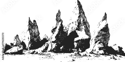 Rock formations sketch, hand drawn jagged stone peaks in desert landscape — stock vector