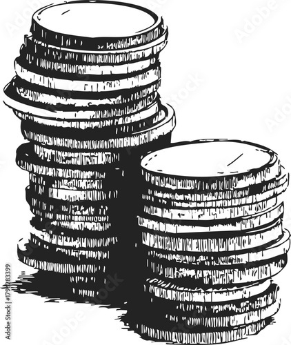 Stacked coins sketch hand drawn style with detailed shading — stock vector