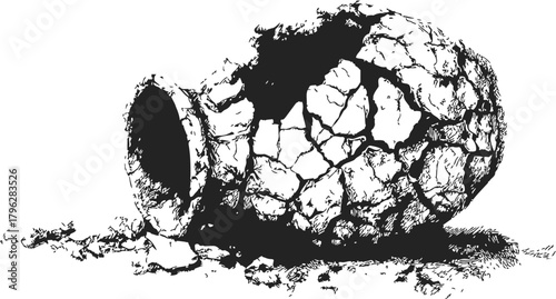 Broken clay pot sketch, hand drawn line art with scattered fragments — stock vector