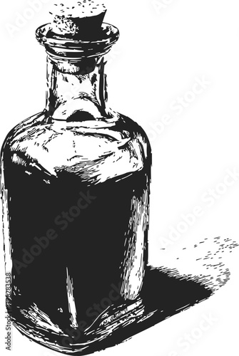 Antique glass bottle sketch, hand drawn style with cork stopper and shadow — stock vector