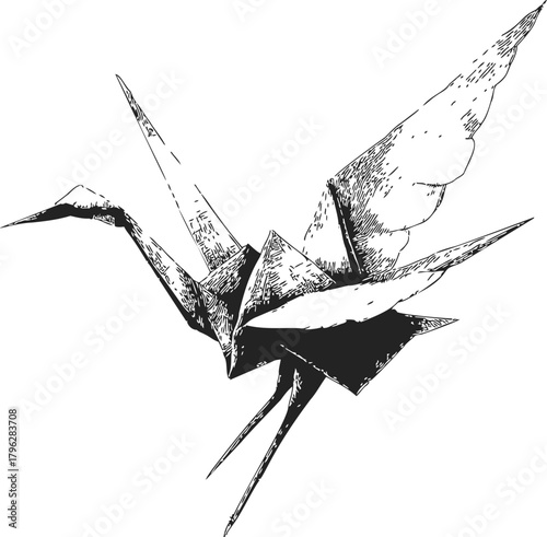 Origami crane sketch, hand drawn style, detailed paper bird with outstretched wings — stock vector