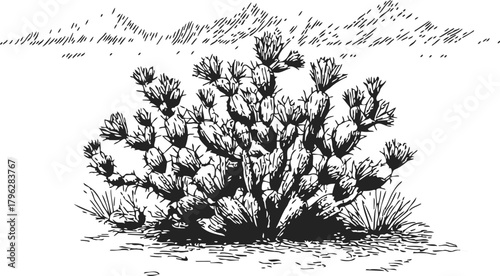 Cactus bush sketch, hand drawn desert plant with spines and distant mountains — stock vector