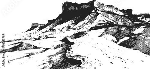 Mesa mountain sketch hand drawn rugged desert landscape with dramatic cliffs — stock vector