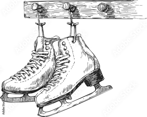 Ice skates sketch hand drawn hanging on wooden hook rack — stock vector
