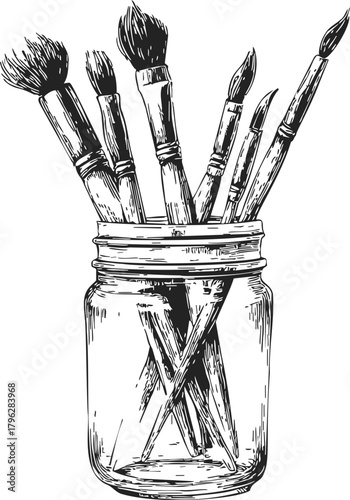 Paint brushes sketch hand drawn in glass jar, detailed vintage style — stock vector