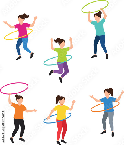 Colorful young women playing with hula hoops, fun fitness activity, exercise, active lifestyle, vector illustration, flat design, healthy movement concept