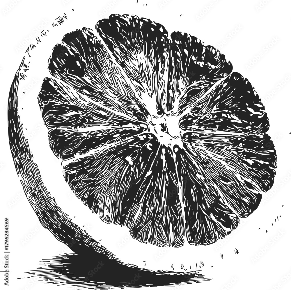 Obraz premium Orange slice sketch hand drawn detailed citrus fruit cross section — stock vector