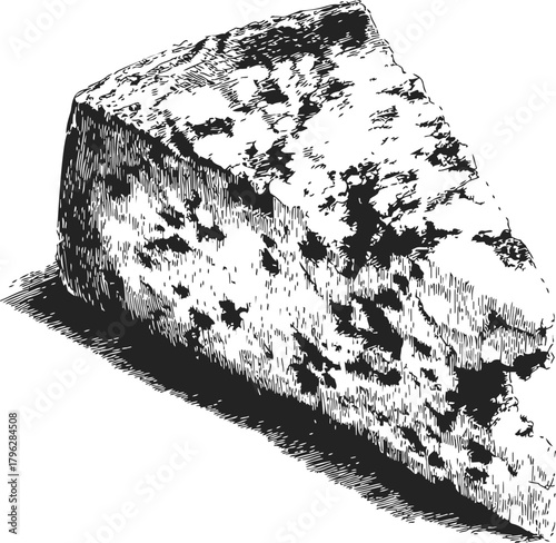 Blue cheese wedge sketch, hand drawn style, detailed textured moldy surface — stock vector