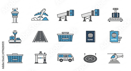 Airport icon set featuring control tower, airplane, jet bridge, luggage scale, runway, terminal, passport, and helicopter