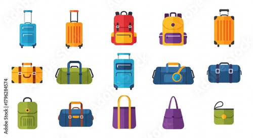 A colorful assortment of luggage, including suitcases, backpacks, duffel bags, and tote bags, all neatly arranged in a row
