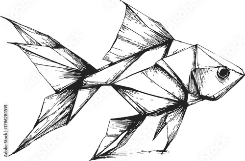 Origami fish sketch, hand drawn style with detailed fins and geometric folds — stock vector