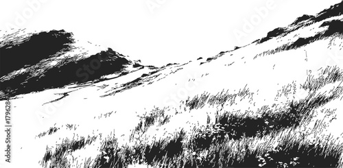 Mountain hillside sketch, hand drawn vector with grassy slope and rugged terrain — stock vector