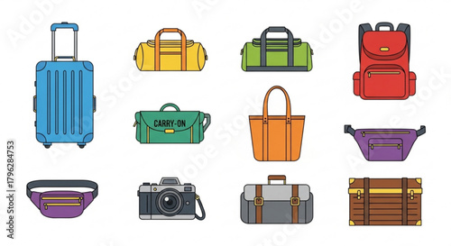 Collection of essential travel accessories and luggage, including suitcases, duffel bags, backpacks, fanny packs, camera, and a vintage trunk