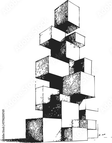 Stacked cubes sketch hand drawn geometric tower with detailed shading — stock vector