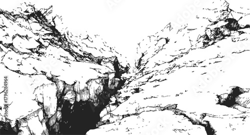 Mountain canyon sketch, hand drawn rugged rocky landscape with deep crevice — stock vector