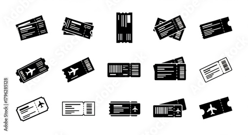 Collection of various ticket designs, representing travel, events, and admission